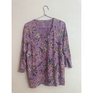 Pure Jill J. Jill Purple Floral V-Neck Tee 3/4 Sleeve Cotton Modal Top Small